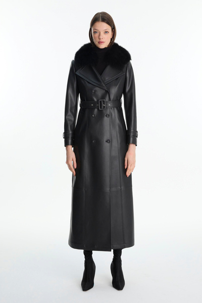 Zühre Kürk Detaylı Kemerli Siyah Deri Trençkot 13832
