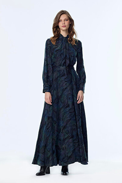 Zühre Yaka Detaylı Ipek Cupra Mavi Elbise 0444