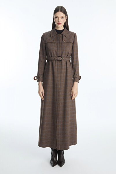 Zühre Ekose Desenli Kemerli Taba Pardesü 13927