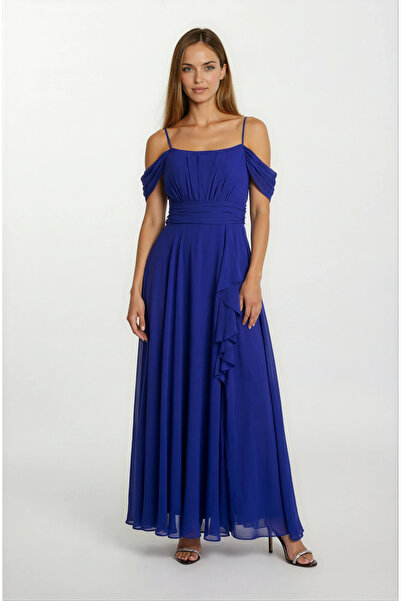 Spazio Gentile Beli Drapeli Etek Yırtmaçlı Volanlı Uzun Abiye Elbise SAKS