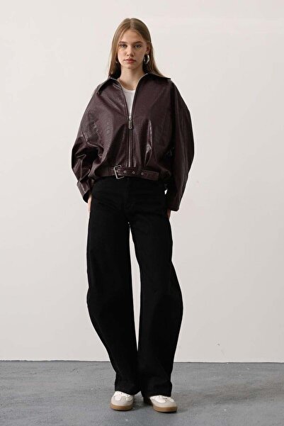 CKM MODA Belt detailed crocodile bomber jacket burgundy