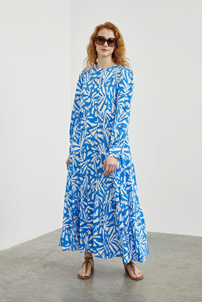 Zühre Desenli Uzun Mavi Elbise 0413