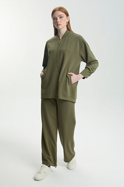 Zühre Taş Işleme Detaylı Fermuarlı Ikili Haki Takım 1456