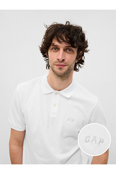 GAP Erkek Beyaz Logo Piqué Polo Yaka T-Shirt