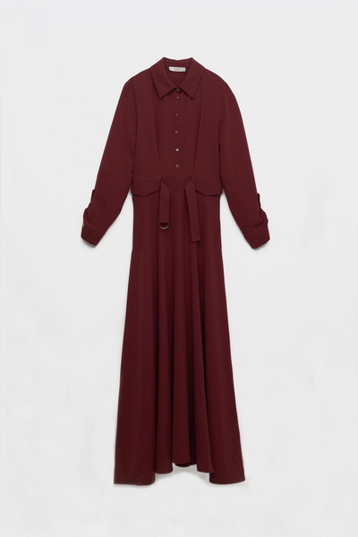 Zühre Λεπτομερές πλισέ μακρύ μπορντό φόρεμα με κουμπιά 0441