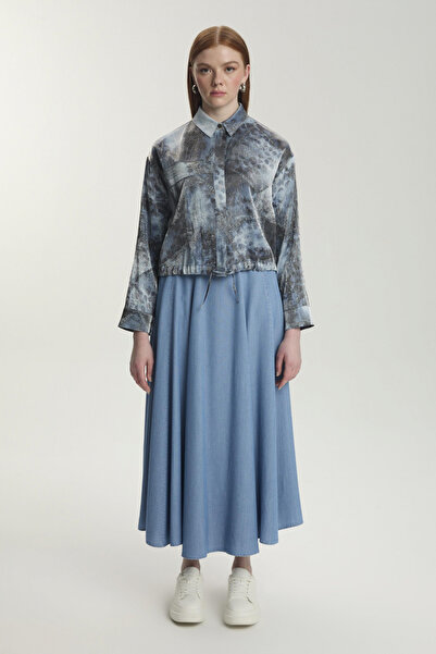 Zühre Patterned Jacket Skirt Tencel Double Blue Set 1575