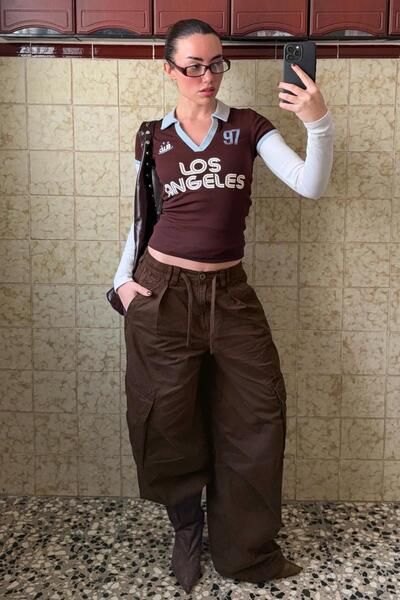 Bershka Baskılı kargo paraşüt pantolon