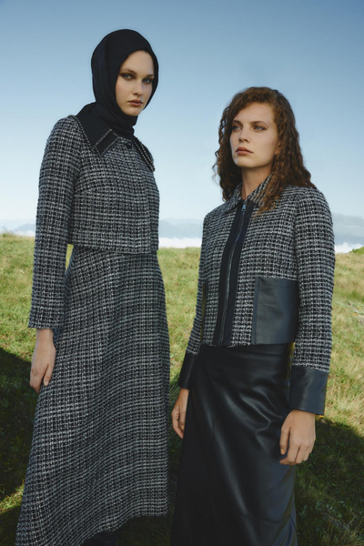 Zühre Tweed Patterned Leather Detailed Double Black/Black Set 1658