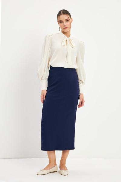 Zühre Yırtmaçlı Düz Kesim Uzun Lacivert Etek 0164