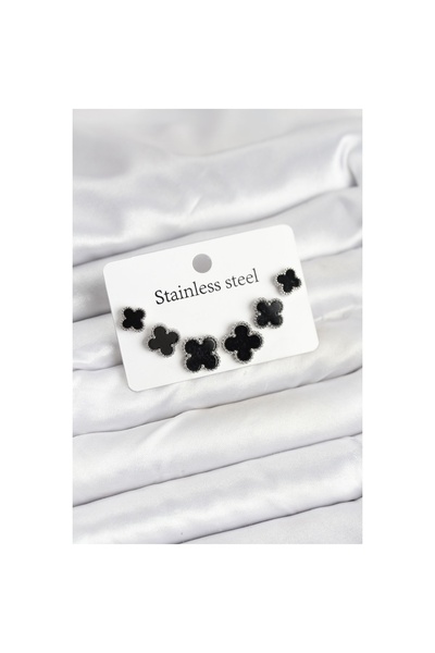 Ebijuteri 316L Steel Silver Black Color 3 Sizes Clover Earrings Set - Tj-Bkp1...