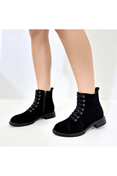 Hare Shoes Kadın Siyah Bağcıklı Fermuarlı Süet Hakiki Deri Bot