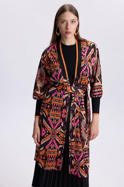 Zühre Patterned Belt Detailed Satin Orange Cardigan 0007