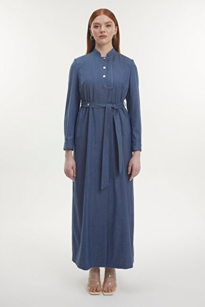 Zühre Hakim Yaka Kuşaklı Indigo Pardesü 13803