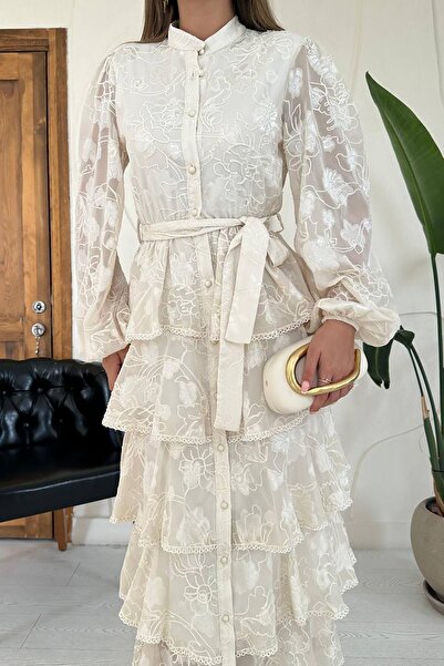 Julidress Buttoned, Embroidered, Belted, Layered, Premium Design Dress with E...