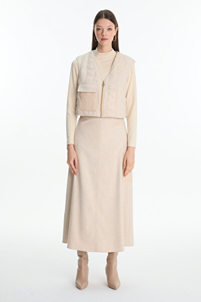 Zühre Desenli Cep Detaylı Üçlü Kombin Vanilya Takım 1650