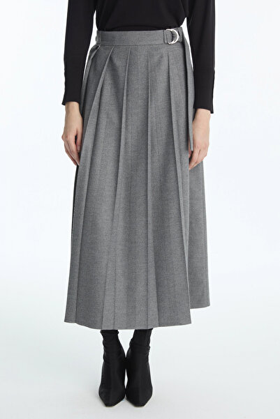 Zühre Pleated Gray Skirt with Buckle Belt 0195