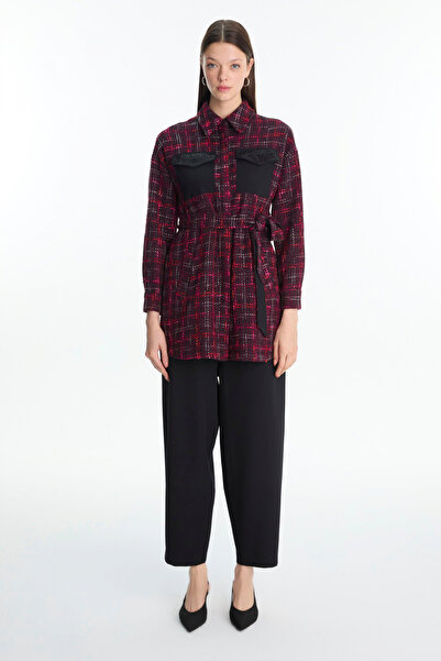 Zühre طقم تويد منقوش بحزام مزدوج بلون البرقوق 1704