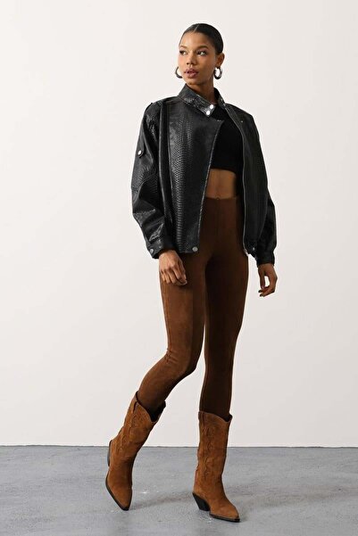 CKM MODA Jachetă bomber supradimensionată din piele artificială cu textură de...