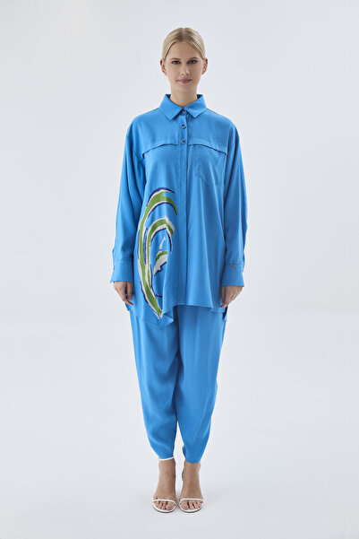 Zühre Patterned Buttoned Double Turquoise Set 1454