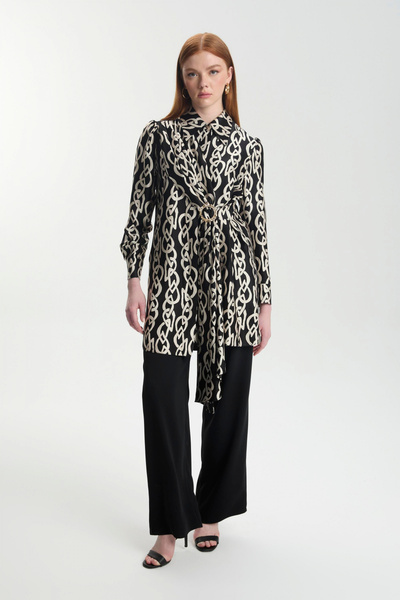 Zühre Set negru dublu cu curea cu cataramă cu model de lanț 1590