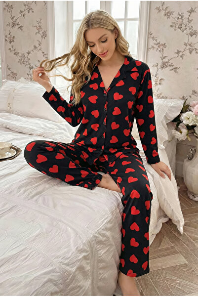 MİSSLALE طقم بيجامة نسائي بأكمام طويلة ونقشة قلب وأزرار أمامية