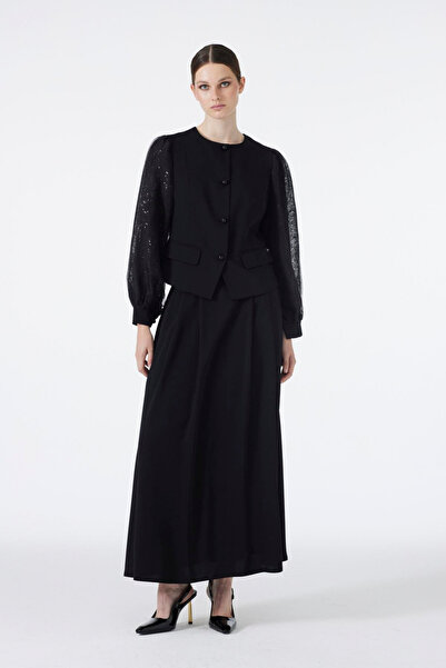 Zühre Dantel Kollu Ceket Etek Ikili Siyah Takım 1529