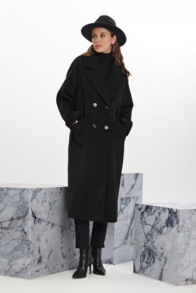 Zühre Kruvaze Yaka Cep Detaylı Kaşe Kaban Siyah 13300