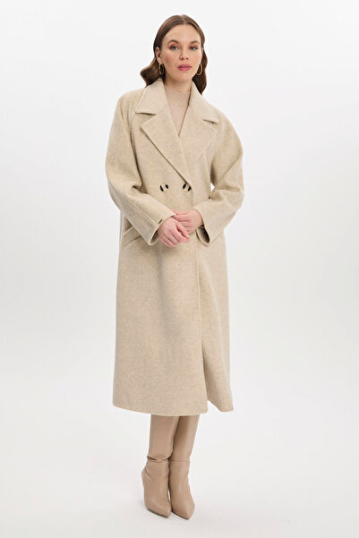 Zühre Kruvaze Yaka Cep Detaylı Kaşe Kaban Bej 13300