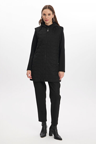 Zühre Kapüşonlu Kapitone Desenli Yelek Bluz Ikili Siyah Takım 1347