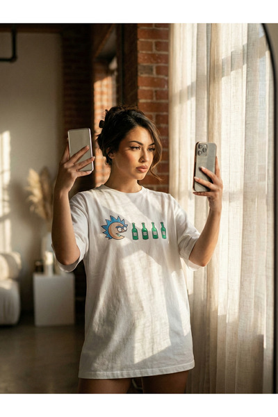 Unisex Beyaz Oversize T-Shirt - Rick and Morty Pacman Baskılı %100 Pamuklu Bisiklet Yaka Tişört