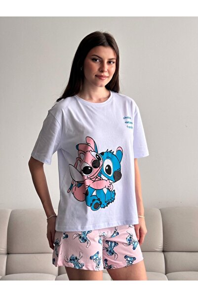 Trendalya Lilo & Stitch Oversize Tişört Baskılı %100 Pamuk Şortlu Pijama Takımı
