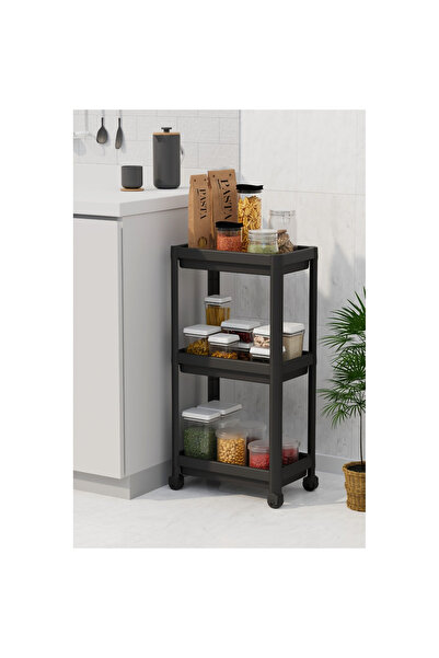 Hesaplı Kasa 3 Katlı Tekerlekli Mutfak Rafı, Terek, Banyo Rafı, Siyah
