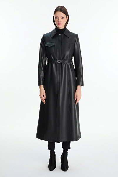 Zühre Gömlek Yaka Kemer Ve Cep Detaylı Deri Trençkot Siyah 13825