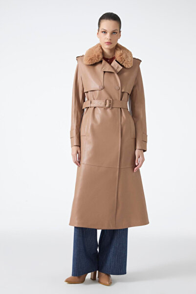 Zühre Kürk Yaka Deri Camel Trençkot 13822