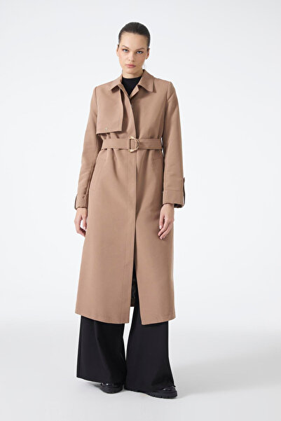 Zühre معطف ترنشان موكا بتفاصيل أكمام مزينة بحزام وياقة قميص 13723