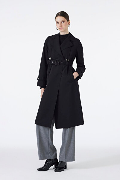 Zühre Kruvaze Yaka Apolet Detaylı Kemerli Siyah Trençkot 13758