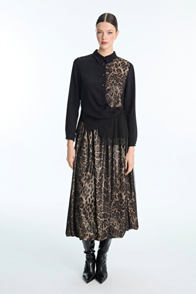 Zühre Leopar Desenli Düğme Detaylı Ikili Siyah Takım 1624