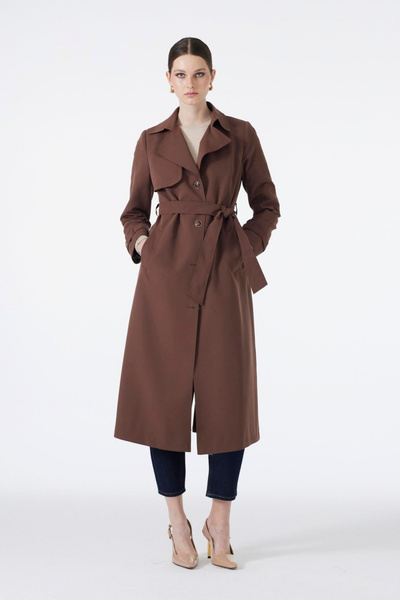 Zühre Kruvaze Yaka Kol Işleme Detaylı Kahve Trençkot 13724