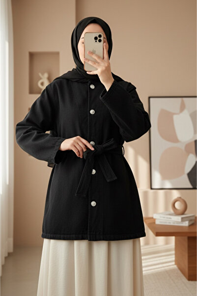 HİJABAYA Джинсова куртка з круглим коміром, на ґудзиках і з поясом