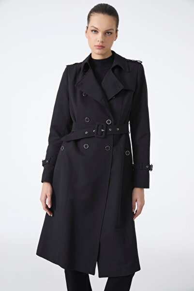 Zühre Kruvaze Yaka Beli Kuşaklı Uzun Trençkot Siyah 12528