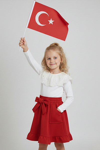 zubi kids طقم تنورة حمراء للفتيات مع ياقة من الدانتيل الأبيض وجيب كبير (5-14 ...