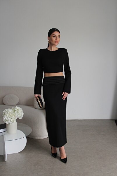 Julidress Satin Pleated Detailed Midi Skirt and Padded Blouse Bottom-Top Prem...