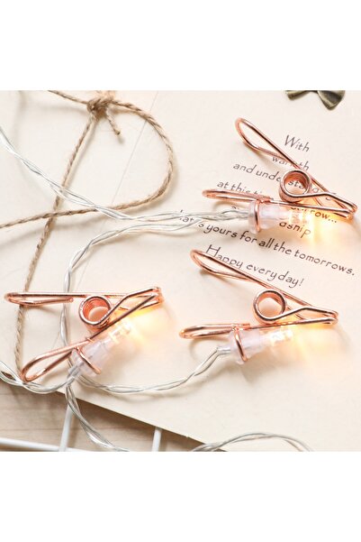 bakgelal Rose Gold Metal Mandallı Fotoğraf Asma Led Işık Pilli Sıcak Beyaz De...