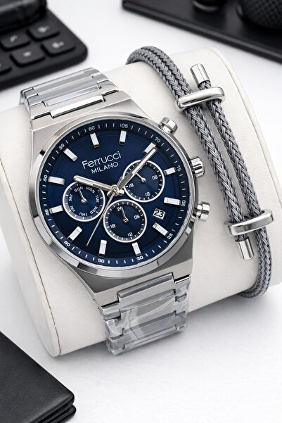 Ferrucci Koyu Lacivert Katran Özel Kutulu Damat Saati 3 Atm Suya Dayanıklı Çe...