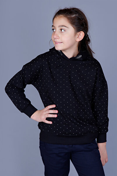 Toontoy Girl's Relax Fit Hooded Stone Embroidered Sweatshirt - 2 Yarns
