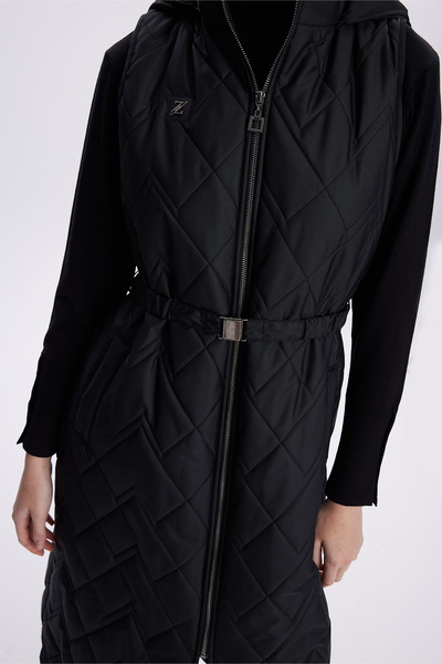 Zühre Hooded Long Quilted Inflatable Black Vest 0060