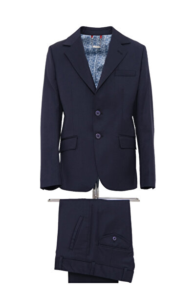 Micio Boy's Navy Blue Double Button Patterned Lining Navy Blue Trousers Wool ...