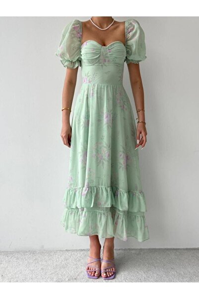 Julishop Rochie din șifon premium, căptușită și susținută, cu imprimeu floral