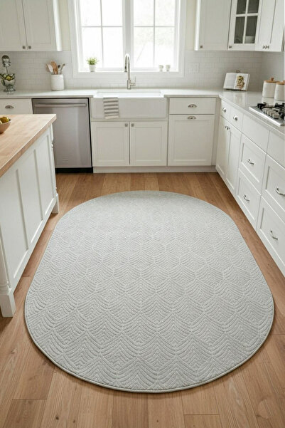Raschel Carpet Yıkanabilir Oval Elips Leke Tutmaz Yaprak Emboss Açık Gri Mutf...