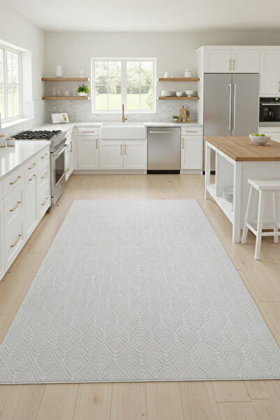 Raschel Carpet Premium Yıkanabilir Leke Tutmaz Yaprak Emboss Açık Gri Mutfak ...